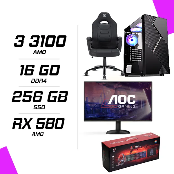 PC Gamer AMD Ryzen 3 3100 RX580 8G + AOC 24B31H 23.8" 120Hz + HYBROK HPG200 + Hybrok Fighter