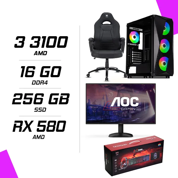 PC Gamer AMD Ryzen 3 3100 RX580 8G + AOC 24B31H 23.8" 120Hz + HYBROK HPG200 + Hybrok Fighter