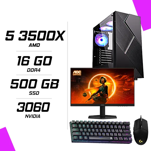 PC Gamer AMD Ryzen 5 3500X RTX 3060 12G + AOC 24G42E 24" 180Hz + LOGITECH G102 + NOVA MÉCANIQUE NM61