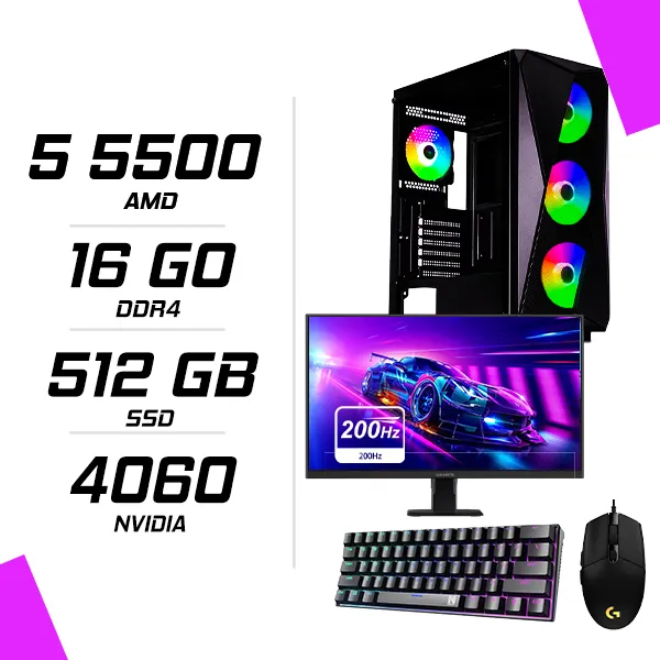PC Gamer AMD Ryzen 5 5500 RTX 4060 8G + ECRAN 24.5" 200Hz + LOGITECH G102 + NOVA MÉCANIQUE 61