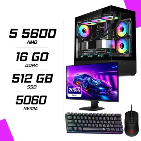 PC Gamer AMD Ryzen 5 5600 MSI RTX 5060 8G + ECRAN 24.5" 200Hz + MSI GM100 + NOVA MÉCANIQUE 61