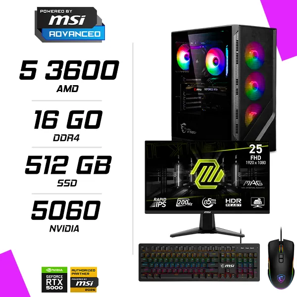 PC Gamer AMD Ryzen 5 3600 MSI RTX 5060 8G + MSI 255F E20 24.5" 200Hz + MSI GM300 + MSI GK300
