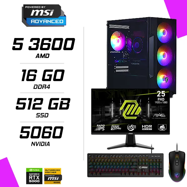 PC Gamer AMD Ryzen 5 3600 MSI RTX 5060 8G + MSI 255F E20 24.5" 200Hz + MSI GM300 + MSI GK300