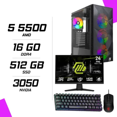 PC Gamer AMD Ryzen 5 5500 RTX 3050 + MSI 244F 23.8″ 200Hz + MSI GM100 + NOVA MÉCANIQUE 61