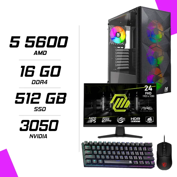 PC Gamer AMD Ryzen 5 5600 RTX 3050 + MSI 244F 23.8″ 200Hz + MSI GM100 + NOVA MÉCANIQUE 61