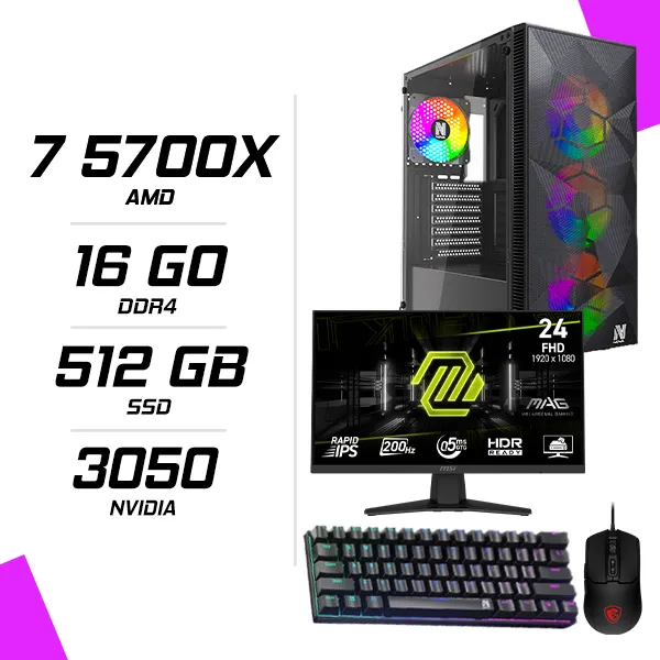 PC Gamer AMD Ryzen 7 5700X RTX 3050 + MSI 244F 23.8″ 200Hz + MSI GM100 + NOVA MÉCANIQUE 61