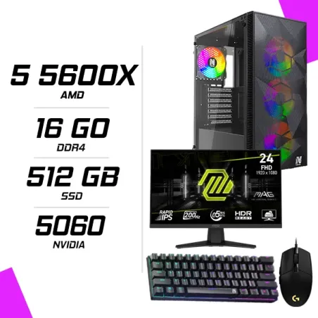 PC Gamer AMD Ryzen 5 5600X RTX 5060 8G + MSI 244F 23.8″ 200Hz + LOGITECH G102 + NOVA MÉCANIQUE 61