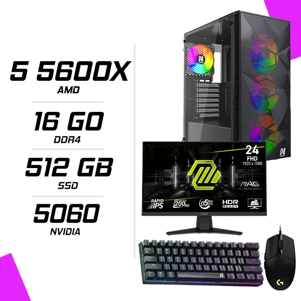 PC Gamer AMD Ryzen 5 5600X RTX 5060 8G + MSI 244F 23.8″ 200Hz + LOGITECH G102 + NOVA MÉCANIQUE 61