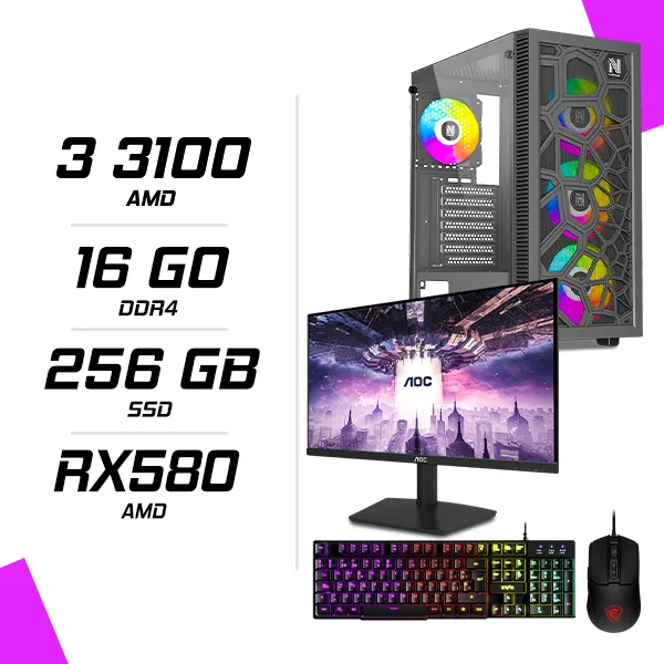 PC Gamer AMD Ryzen 3 3100 RX 580 8G + AOC 24B15H2 23.8" 100Hz + MSI GM100 + ESG K2 Ghosthunter