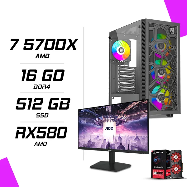 PC Gamer AMD Ryzen 7 5700X RX 580 8G + AOC 24B15H2 23.8" 100Hz