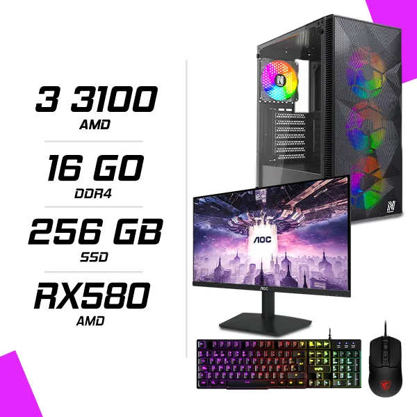 PC Gamer AMD Ryzen 3 3100 RX 580 8G + AOC 24B15H2 23.8" 100Hz + MSI GM100 + ESG K2 Ghosthunter