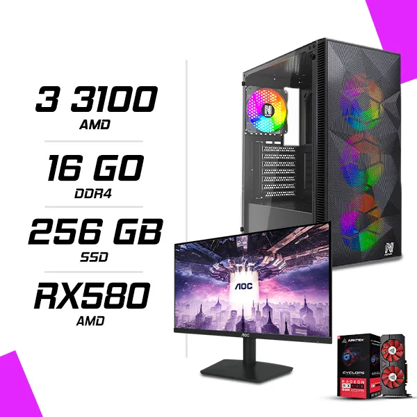 PC Gamer AMD Ryzen 3 3100 RX 580 8G + AOC 24B15H2 23.8" 100Hz