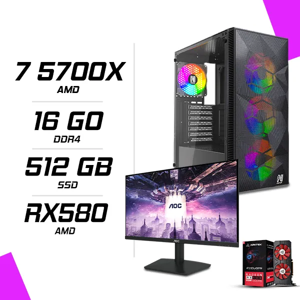 PC Gamer AMD Ryzen 7 5700X RX 580 8G + AOC 24B15H2 23.8" 100Hz