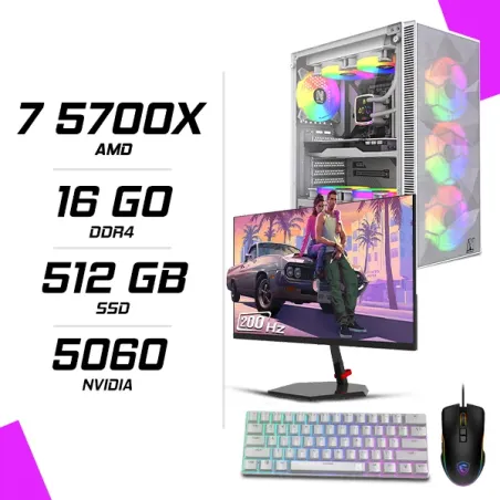 PC Gamer AMD Ryzen 7 5700X MSI RTX 5060 8G + NOVA N24200 23.8" 200Hz + MSI GM300 + NOVA NM61 Blanc