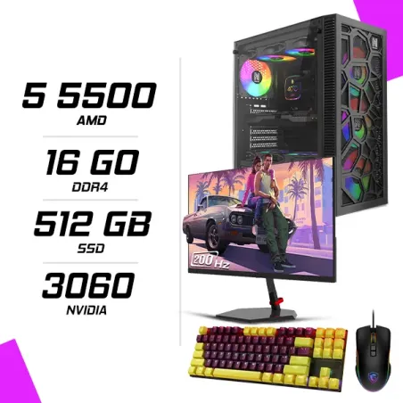 PC Gamer AMD Ryzen 5 5500 RTX 3060 12G + NOVA N24200 23.8" 200Hz + MSI GM300 + NOVA k400