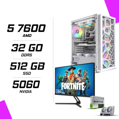 PC Gamer AMD Ryzen 5 7600 MSI RTX 5060 8G Blanc + NOVA N27Q180 27" 180Hz 2K