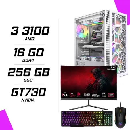 PC Gamer AMD Ryzen 3 3100 GT730 4GB Blanc + GAMEON GOC24F120VA 24″ 120Hz + MSI GM300 + ESG K2