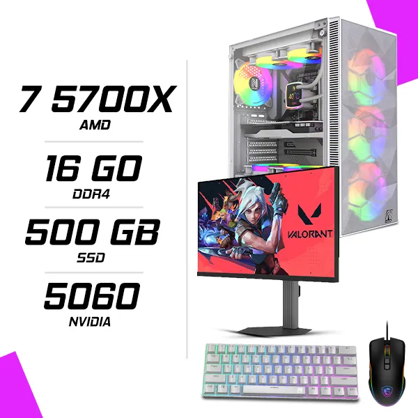 PC Gamer AMD Ryzen 7 5700X MSI RTX 5060 8G Blanc + NOVA PRO TITAN N25300 24.5" 300Hz + MSI GM300 + NOVA NM61