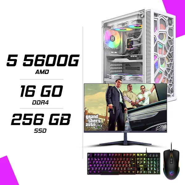 PC Gamer AMD Ryzen 5 5600G Blanc + HYBROK HP24IPS100 24" 100Hz + MSI GM300 + ESG K2