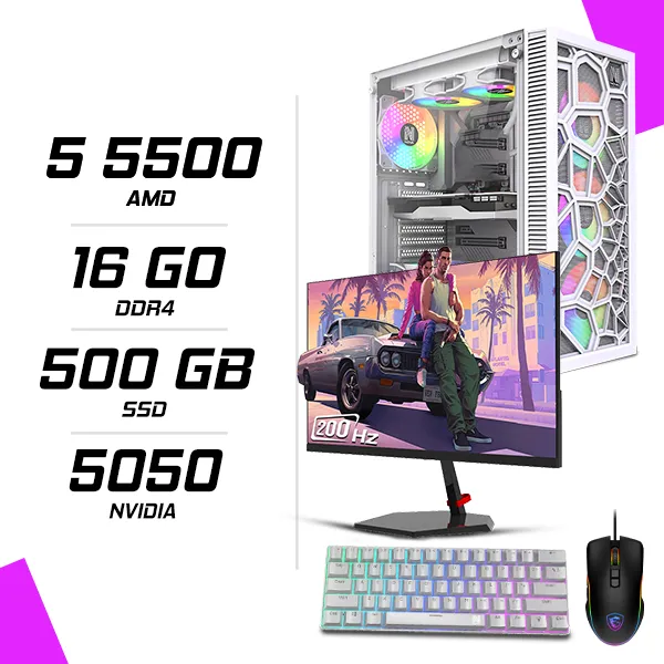 PC Gamer AMD Ryzen 5 5500 MSI RTX 5050 8G + NOVA N24200 23.8" 200Hz + MSI GM300 + NOVA NM61 Blanc