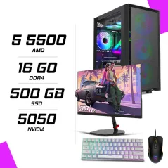 PC Gamer AMD Ryzen 5 5500 MSI RTX 5050 8G + NOVA N24200 23.8" 200Hz + MSI GM300 + NOVA NM61 Blanc