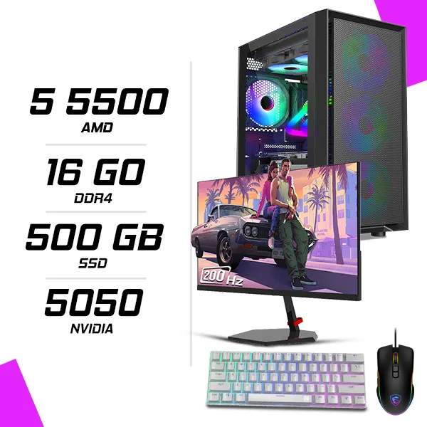 PC Gamer AMD Ryzen 5 5500 MSI RTX 5050 8G + NOVA N24200 23.8" 200Hz + MSI GM300 + NOVA NM61 Blanc
