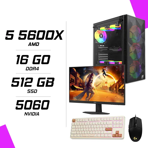 PC Gamer Ryzen 5 5600X RTX 5060 8G + AOC 24G4HRE 23.8″ 200Hz + CLAVIER SOURIS