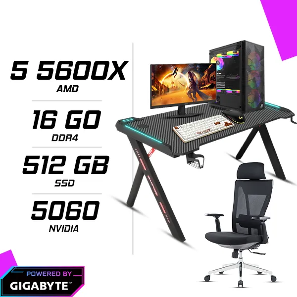 PC Gamer Ryzen 5 5600X GIGABYTE RTX 5060 8G + AOC 24G4HRE 23.8″ 200Hz + CLAVIER SOURIS CHAISE et TABLE