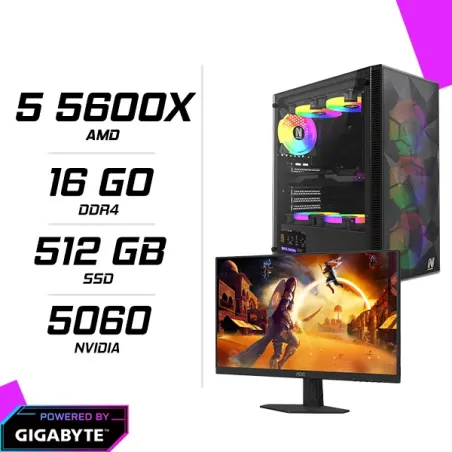 PC Gamer Ryzen 5 5600X GIGABYTE RTX 5060 8G + AOC 24G4HRE 23.8″ 200Hz