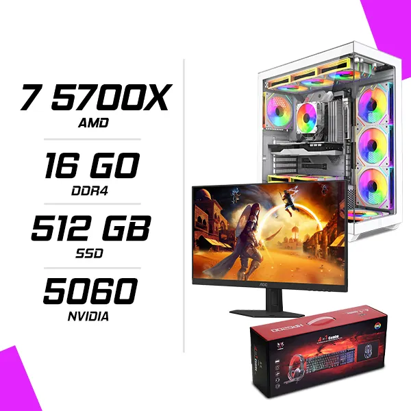PC Gamer AMD Ryzen 7 5700X RTX 5060 8G + AOC 24G4HRE 23.8″ 200Hz + HYBROK HPG200 4in1