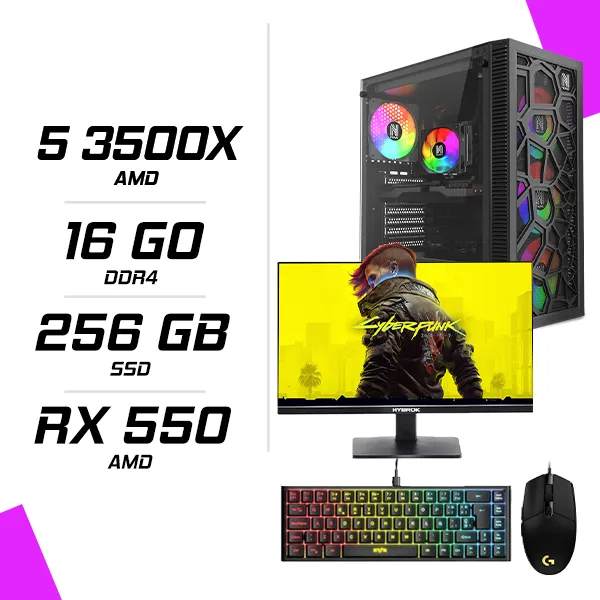 PC Gamer AMD Ryzen 5 3500X RX 550 4GB + HYBROK HP24IFL120 24" 120Hz + LOGITECH G102 + ESG K4 RGB