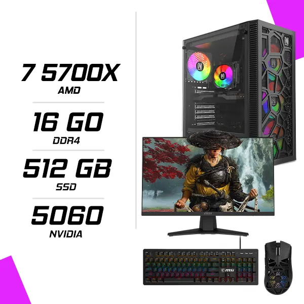 PC Gamer AMD Ryzen 7 5700X RTX 5060 8G + MSI 244F 23.8″ 200Hz + FURYCUBE G11 + MSI GK300