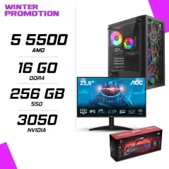 PC Gamer AMD Ryzen 5 5500 RTX 3050 6G + AOC 24B36X 23.8" 144Hz + HYBROK HPG200