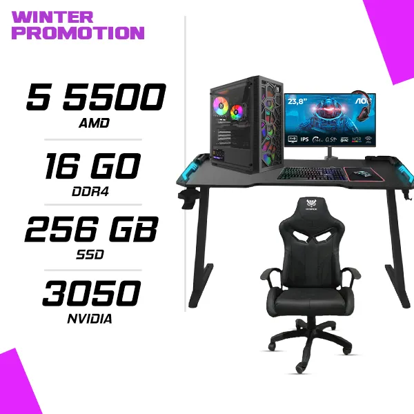 PC Gamer AMD Ryzen 5 5500 RTX 3050 6G + AOC 24B36X 23.8" 144Hz + HYBROK HPG200 + Chaise et Table gamer
