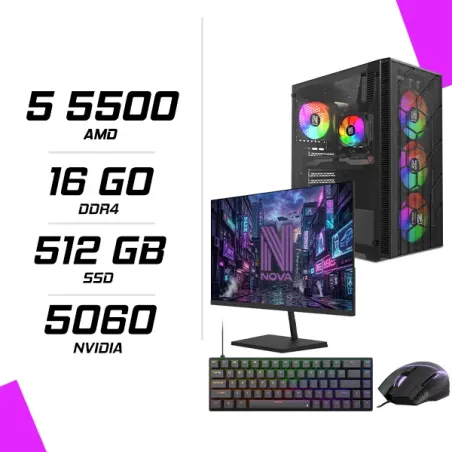 PC Gamer AMD Ryzen 5 5500 RTX 5060 8G + NOVA N24240 23.8" 240Hz + ESG M2 Flash + NOVA CP68