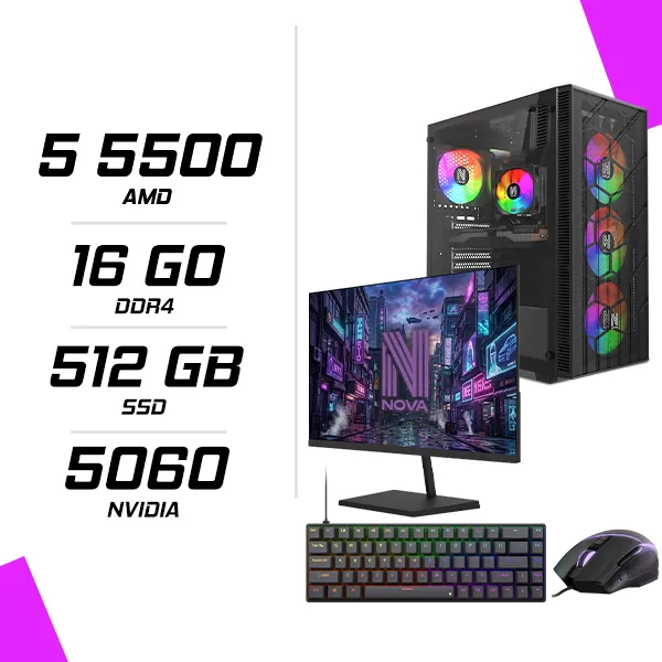 PC Gamer AMD Ryzen 5 5500 RTX 5060 8G + NOVA N24240 23.8" 240Hz + ESG M2 Flash + NOVA CP68