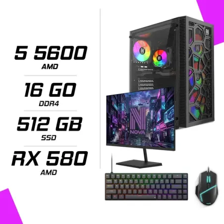 PC Gamer AMD Ryzen 5 5600 RX 580 8GB + NOVA N24240 23.8" 240Hz + ESG M2 Flash + NOVA CP68