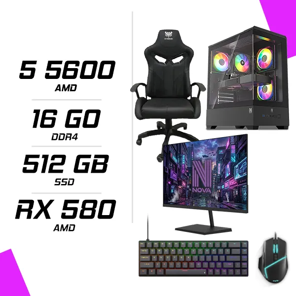 PC Gamer AMD Ryzen 5 5600 RX 580 8GB + NOVA N24240 23.8" 240Hz + ESG M2 Flash + NOVA CP68 + HYBROK FIGHTER