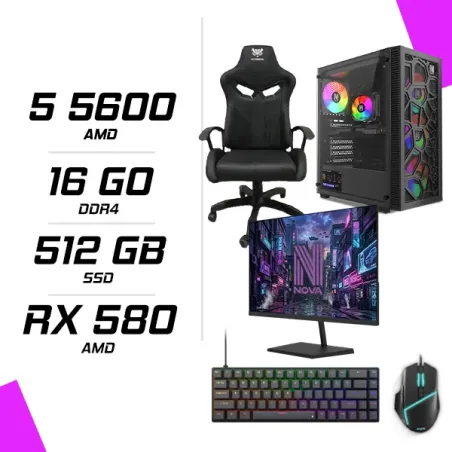 PC Gamer AMD Ryzen 5 5600 RX 580 8GB + NOVA N24240 23.8" 240Hz + ESG M2 Flash + NOVA CP68 + HYBROK FIGHTER