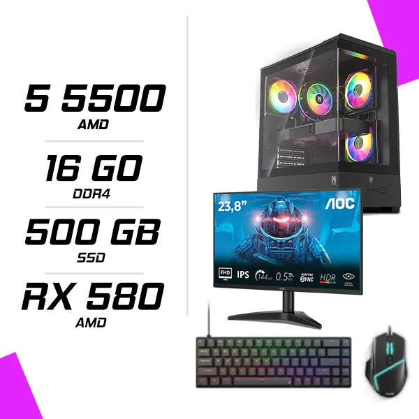 PC Gamer AMD Ryzen 5 5500 RX 580 8GB + AOC 24B36X 23.8" 144Hz + ESG M2 Flash + NOVA CP68