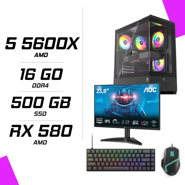 PC Gamer AMD Ryzen 5 5600X RX 580 8GB + AOC 24B36X 23.8" 144Hz + ESG M2 Flash + NOVA CP68