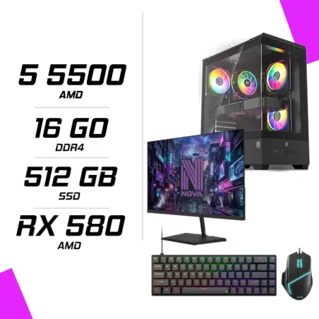 PC Gamer AMD Ryzen 5 5500 RX 580 8GB + NOVA N24240 23.8 240Hz + ESG M2 Flash + NOVA CP68