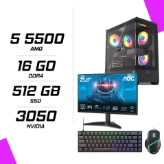 PC Gamer AMD Ryzen 5 5500 RTX 3050 6G + AOC 24B36X 23.8 144Hz + ESG M2 Flash + NOVA CP68