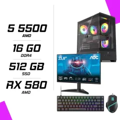 PC Gamer AMD Ryzen 5 5500 RX 580 8GB + AOC 24B36X 23.8" 144Hz + ESG M2 Flash + NOVA CP68