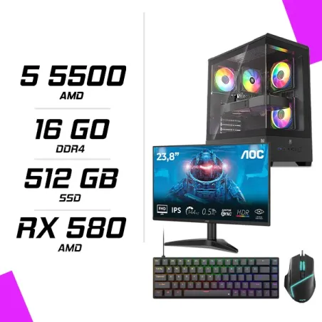 PC Gamer AMD Ryzen 5 5500 RX 580 8GB + AOC 24B36X 23.8" 144Hz + ESG M2 Flash + NOVA CP68