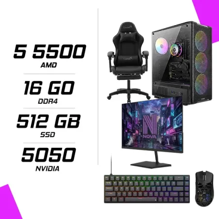 PC Gamer AMD Ryzen 5 5500 RTX 5050 8G + NOVA N24240 23.8 240Hz + M4G G11 ULTRA + NOVA CP68 + COOLTEK CLT-GM202F