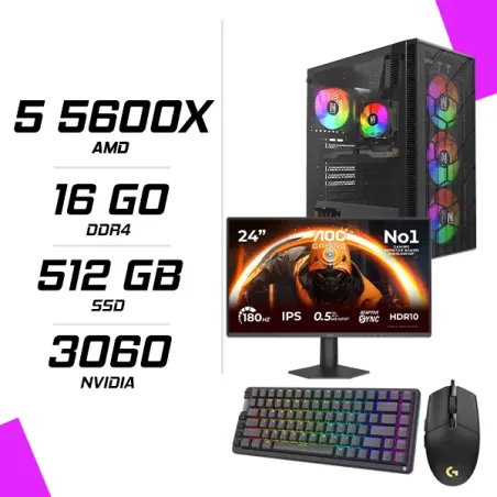 PC Gamer AMD Ryzen 5 5600X RTX 3060 12G + AOC 24G50F 23.8" 180Hz + LOGITECH G102 + NOVA KB84