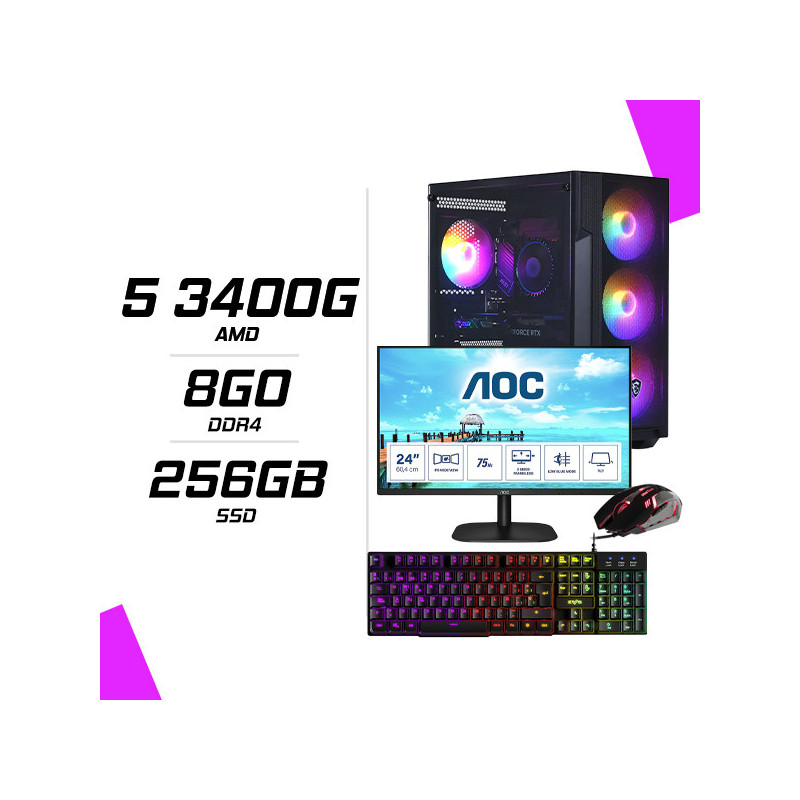 PC Gamer AMD Ryzen 5 3400G + Ecran 24″ + Combo