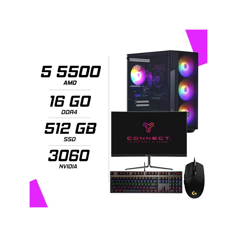 PC Gamer AMD Ryzen5 5500 RTX 3060 12G + Ecran 24″ 180Hz + Combo