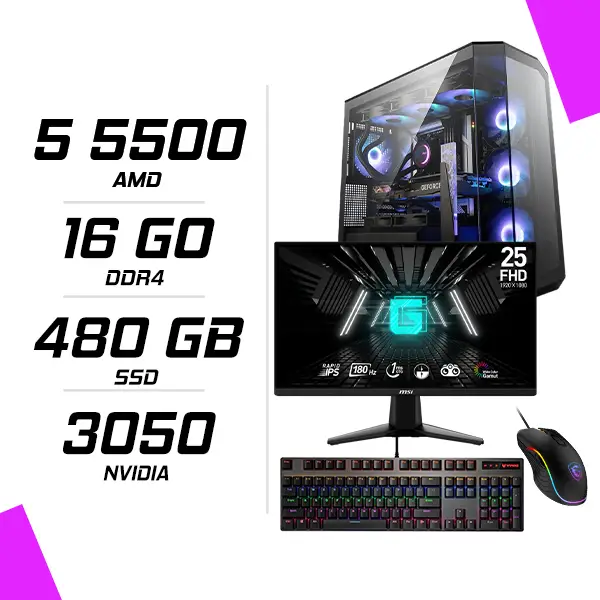 PC Gamer AMD Ryzen5 5500 RTX 3050 6G + Ecran 180Hz + Combo